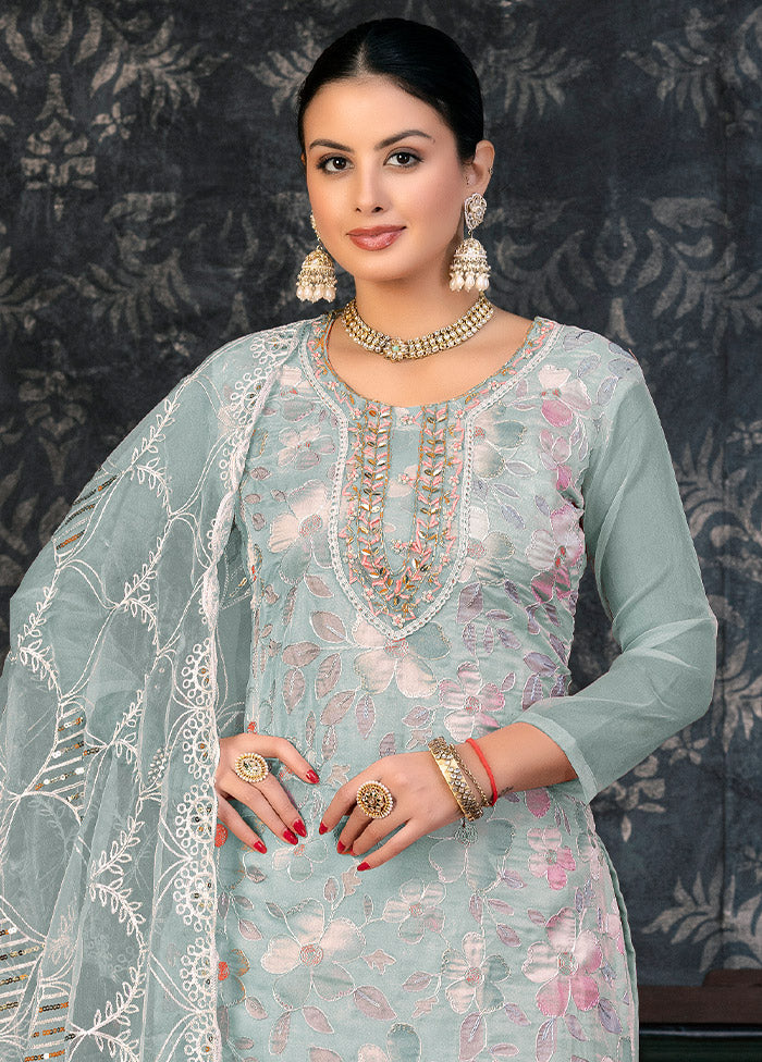 3 Pc Grey Semi Stitched Organza Suit Set - Indian Silk House Agencies