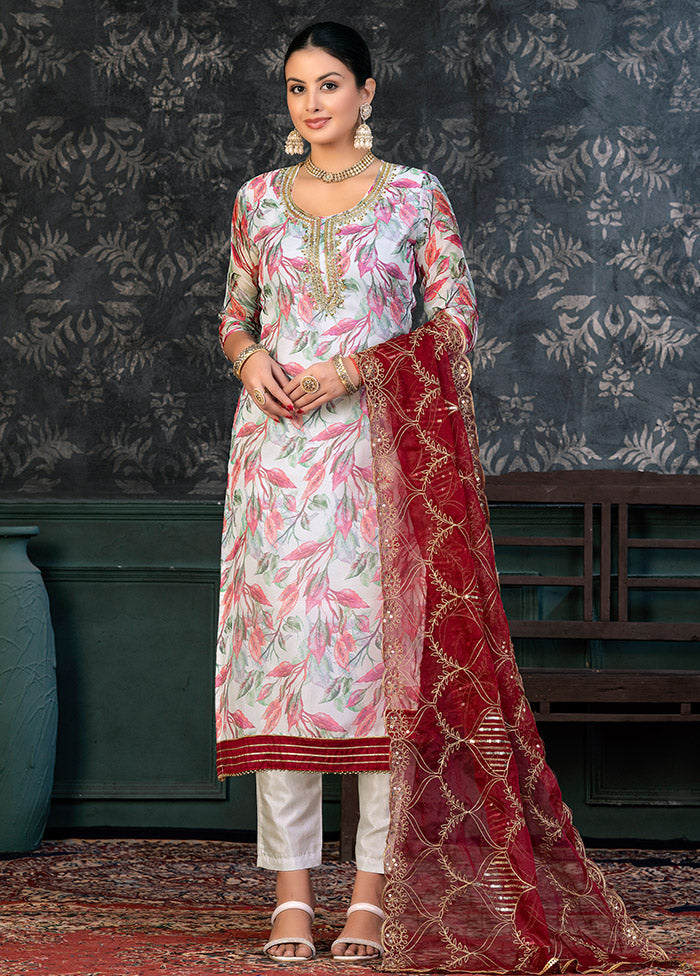 3 Pc White Semi Stitched Organza Suit Set - Indian Silk House Agencies