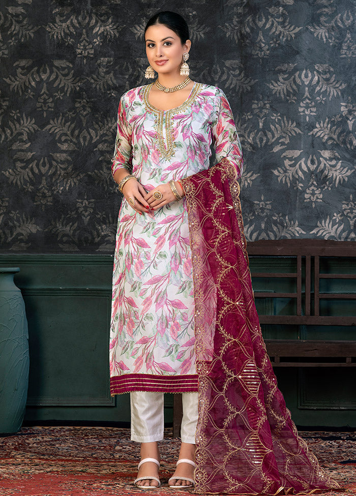 3 Pc White Semi Stitched Organza Suit Set - Indian Silk House Agencies