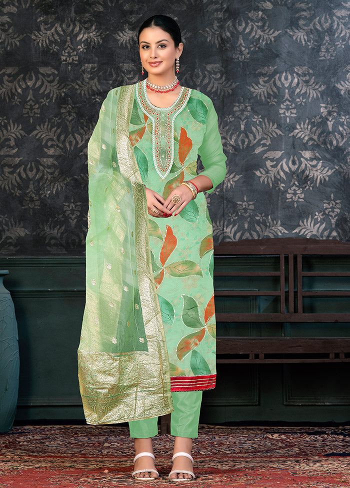 3 Pc Lime Green Semi Stitched Organza Suit Set - Indian Silk House Agencies