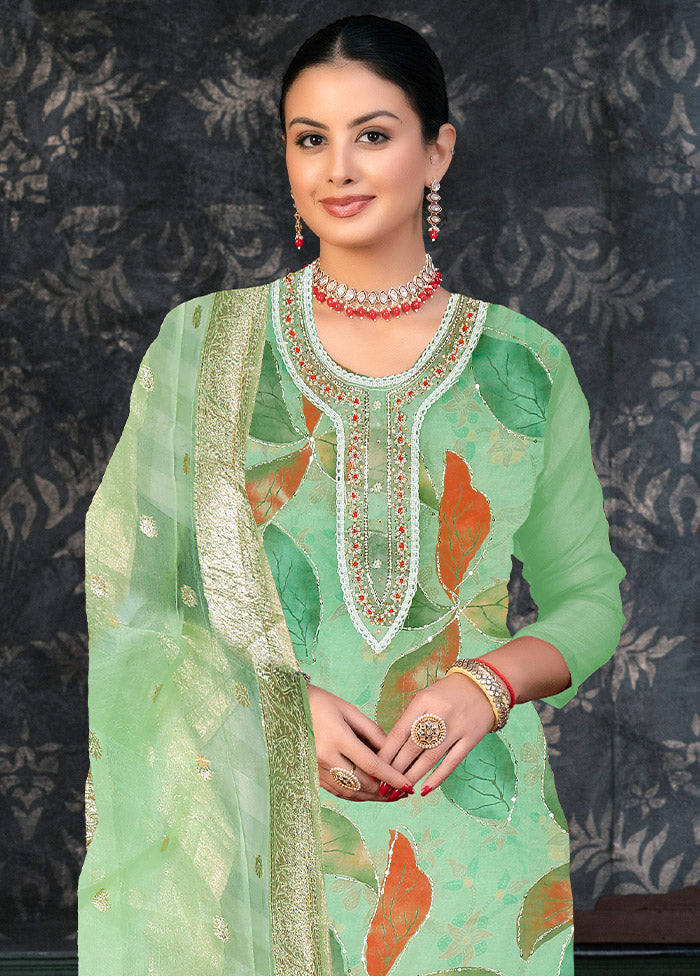 3 Pc Lime Green Semi Stitched Organza Suit Set - Indian Silk House Agencies