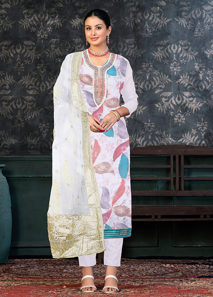 3 Pc White Semi Stitched Organza Suit Set - Indian Silk House Agencies