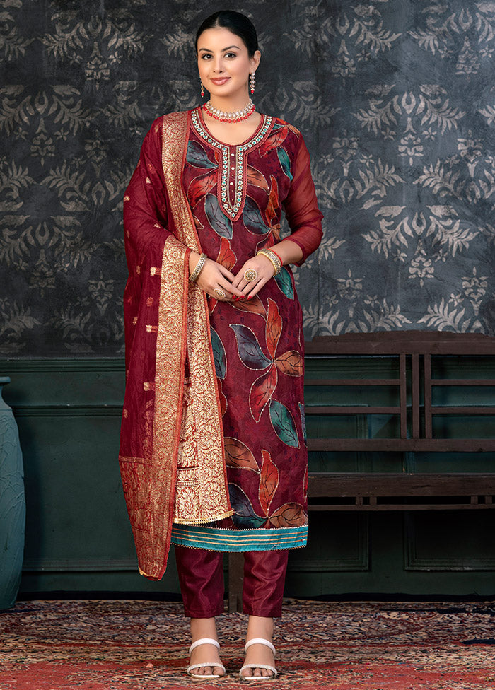 3 Pc Maroon Semi Stitched Organza Suit Set - Indian Silk House Agencies