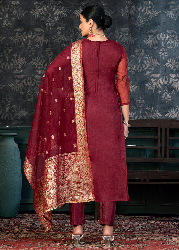 3 Pc Maroon Semi Stitched Organza Suit Set - Indian Silk House Agencies