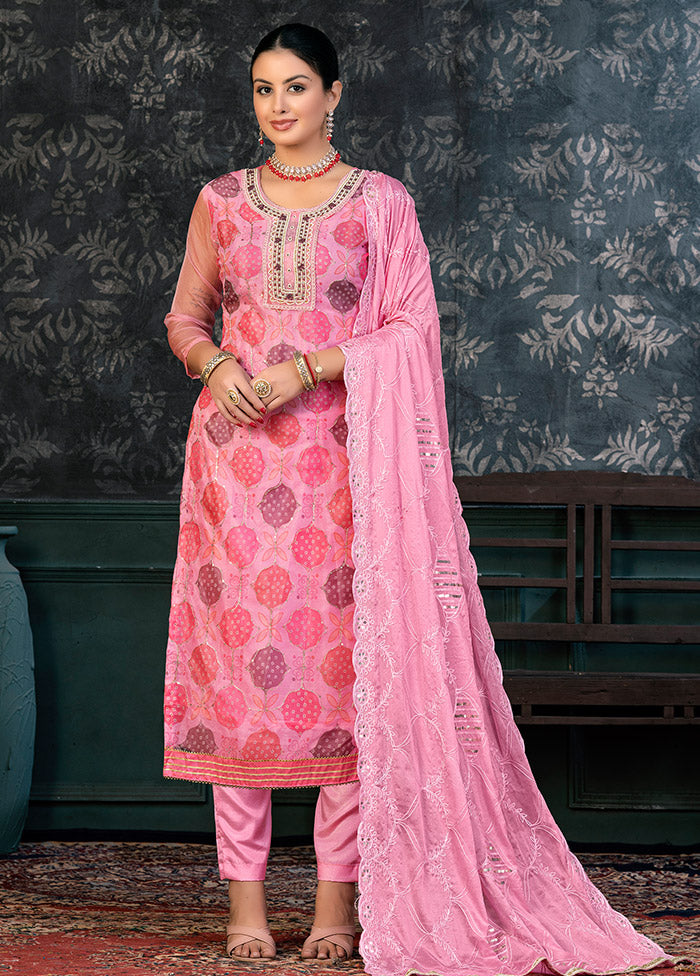 3 Pc Pink Semi Stitched Organza Suit Set - Indian Silk House Agencies