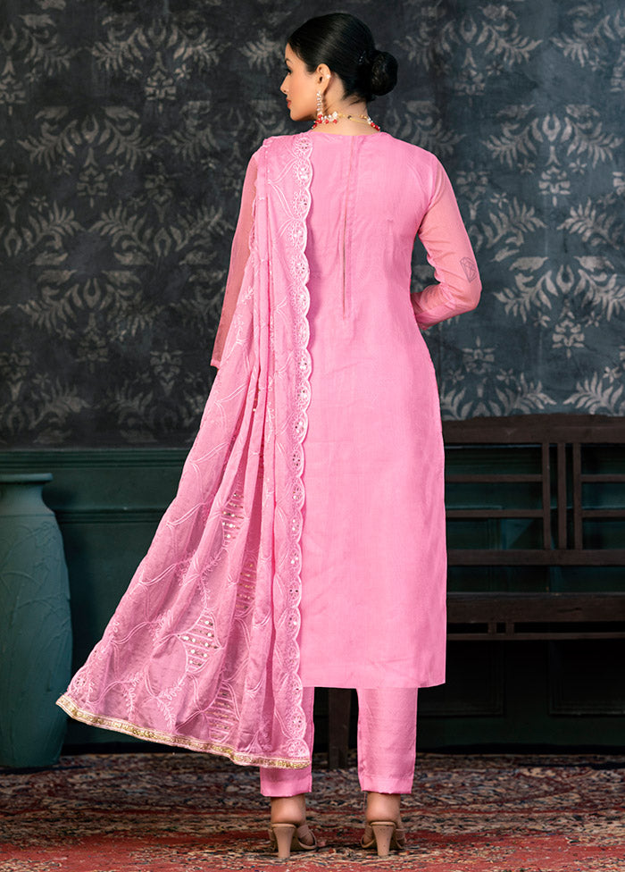 3 Pc Pink Semi Stitched Organza Suit Set - Indian Silk House Agencies