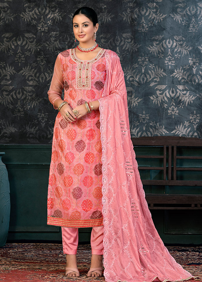 3 Pc Orange Semi Stitched Organza Suit Set - Indian Silk House Agencies