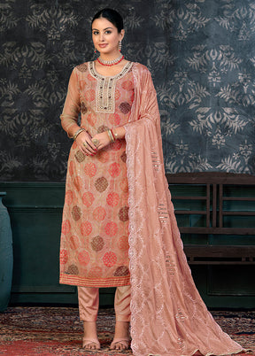 3 Pc Brown Semi Stitched Organza Suit Set - Indian Silk House Agencies