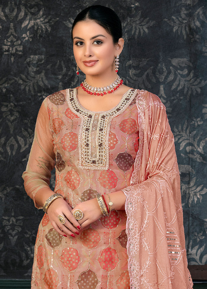 3 Pc Brown Semi Stitched Organza Suit Set - Indian Silk House Agencies