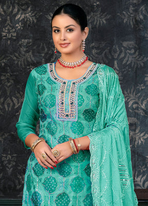 3 Pc Teal Semi Stitched Organza Suit Set - Indian Silk House Agencies