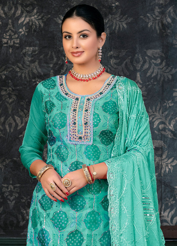 3 Pc Teal Semi Stitched Organza Suit Set - Indian Silk House Agencies