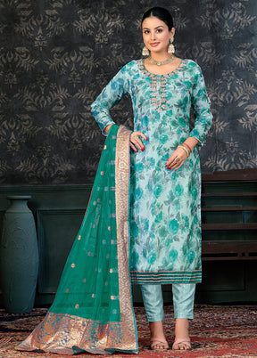 3 Pc Teal Semi Stitched Organza Suit Set - Indian Silk House Agencies