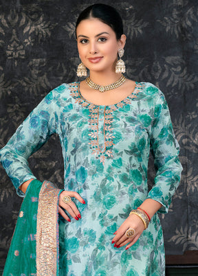 3 Pc Teal Semi Stitched Organza Suit Set - Indian Silk House Agencies