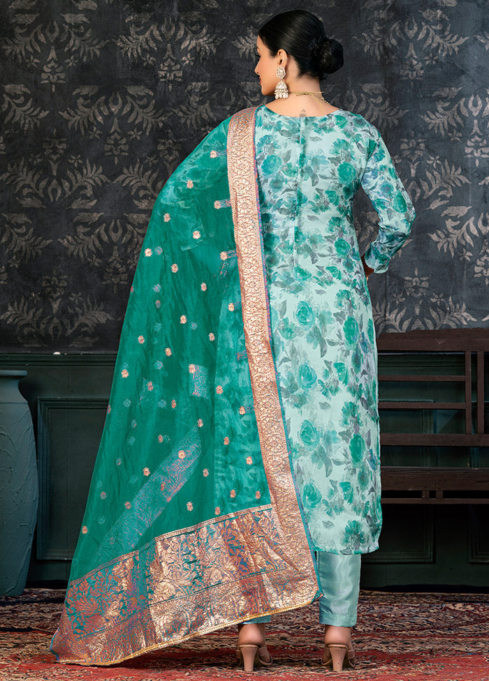 3 Pc Teal Semi Stitched Organza Suit Set - Indian Silk House Agencies