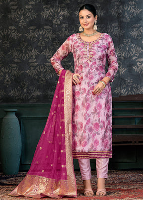 3 Pc Pink Semi Stitched Organza Suit Set - Indian Silk House Agencies