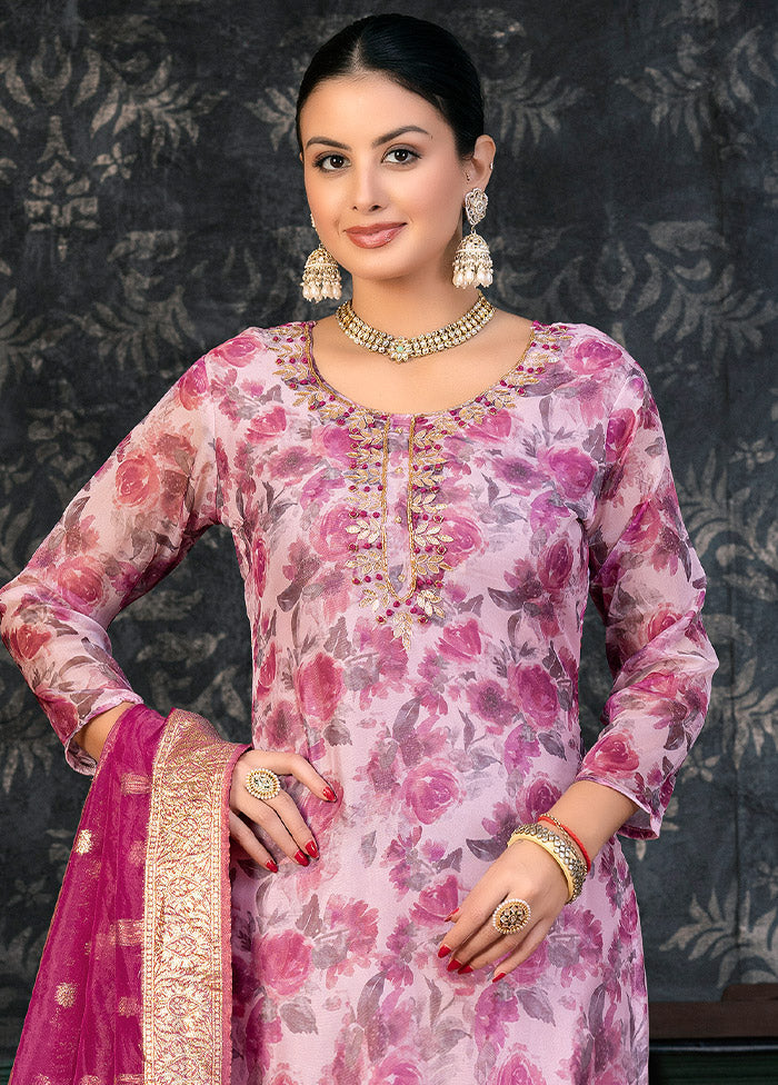 3 Pc Pink Semi Stitched Organza Suit Set - Indian Silk House Agencies