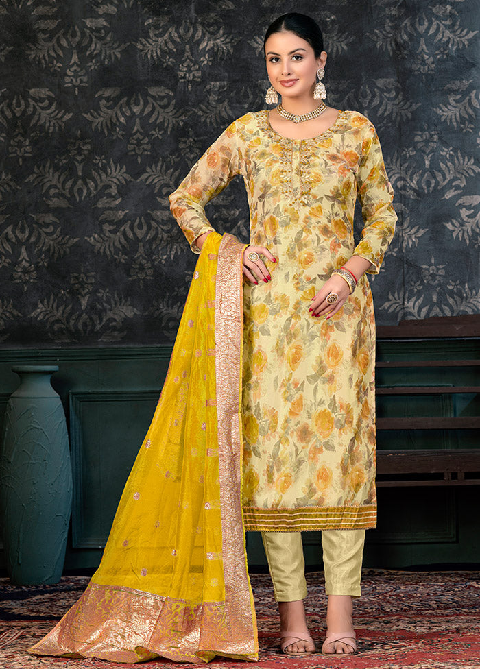 3 Pc Yellow Semi Stitched Organza Suit Set - Indian Silk House Agencies