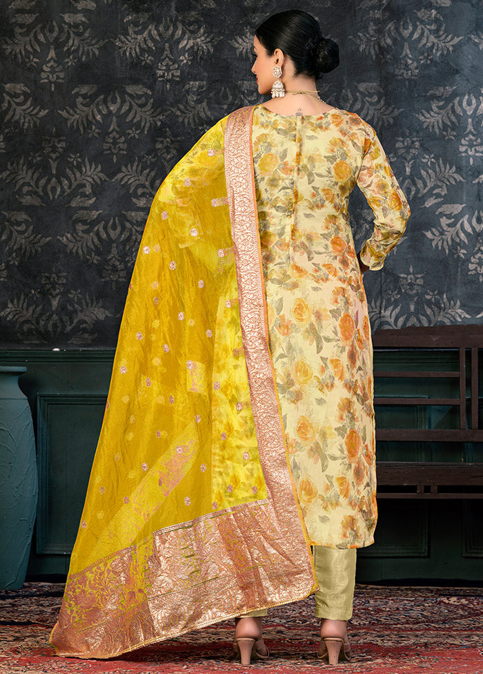 3 Pc Yellow Semi Stitched Organza Suit Set - Indian Silk House Agencies