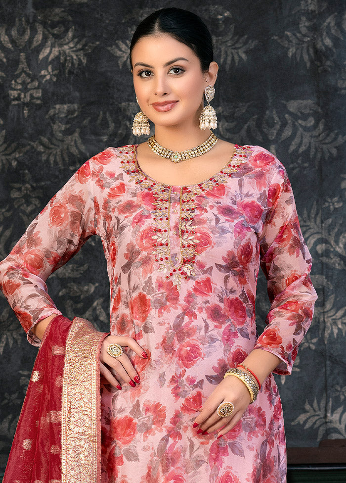 3 Pc Red Semi Stitched Organza Suit Set - Indian Silk House Agencies