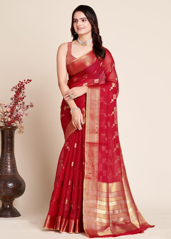 Red Dupion Silk Saree With Blouse Piece - Indian Silk House Agencies