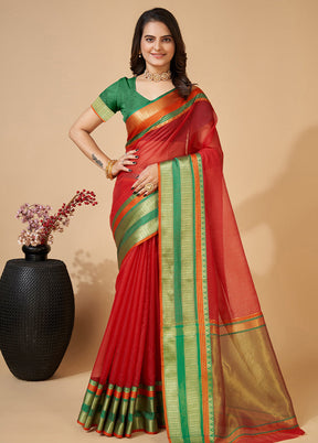 Red Dupion Silk Saree With Blouse Piece - Indian Silk House Agencies