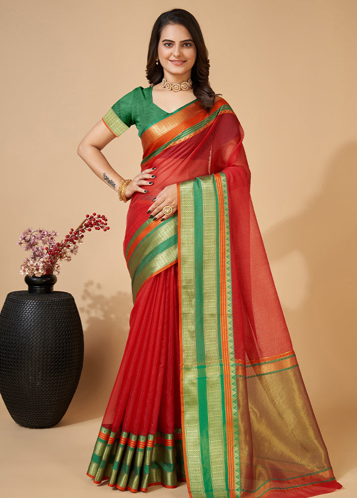 Red Dupion Silk Saree With Blouse Piece - Indian Silk House Agencies