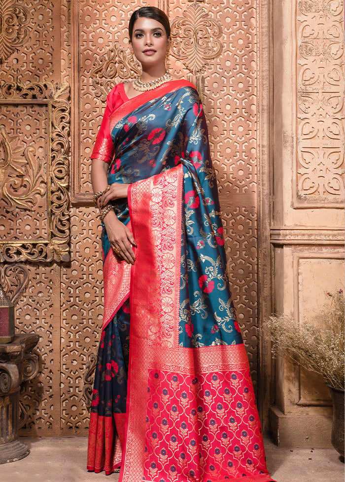 Blue Dupion Silk Saree With Blouse Piece - Indian Silk House Agencies