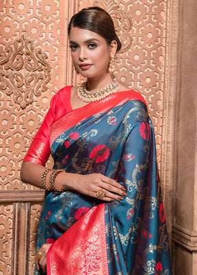 Blue Dupion Silk Saree With Blouse Piece - Indian Silk House Agencies