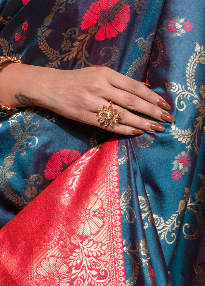 Blue Dupion Silk Saree With Blouse Piece - Indian Silk House Agencies