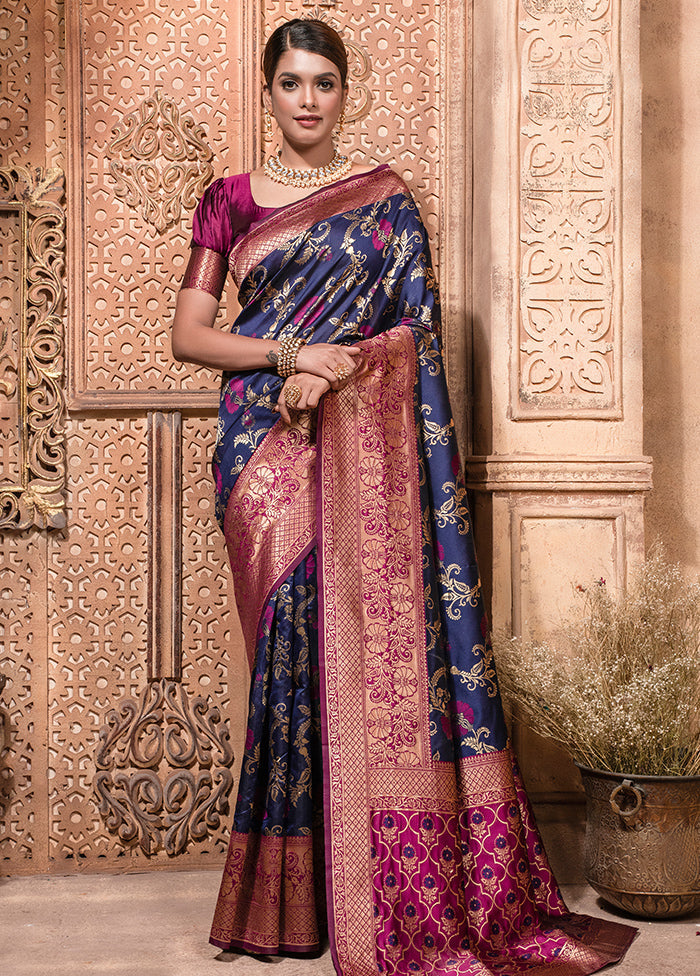 Blue Dupion Silk Saree With Blouse Piece - Indian Silk House Agencies