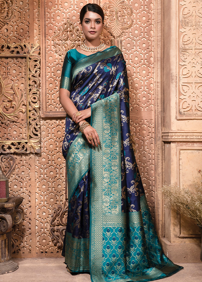 Blue Dupion Silk Saree With Blouse Piece - Indian Silk House Agencies