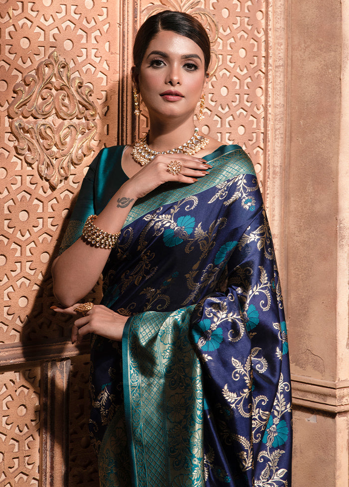 Blue Dupion Silk Saree With Blouse Piece - Indian Silk House Agencies