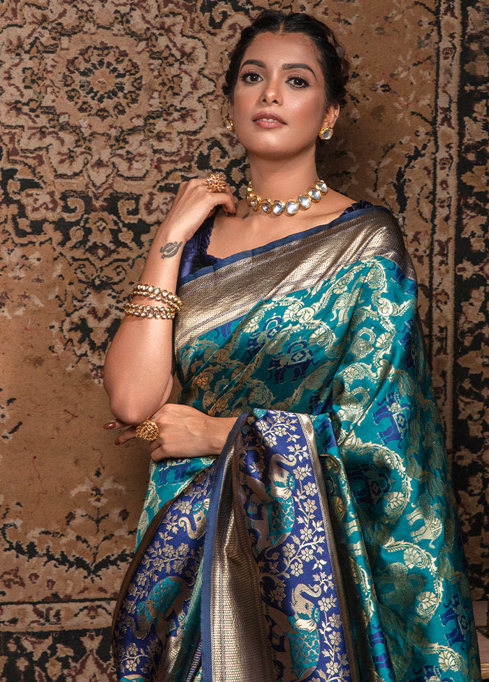 Blue Dupion Silk Saree With Blouse Piece - Indian Silk House Agencies