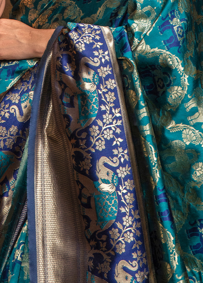 Blue Dupion Silk Saree With Blouse Piece - Indian Silk House Agencies