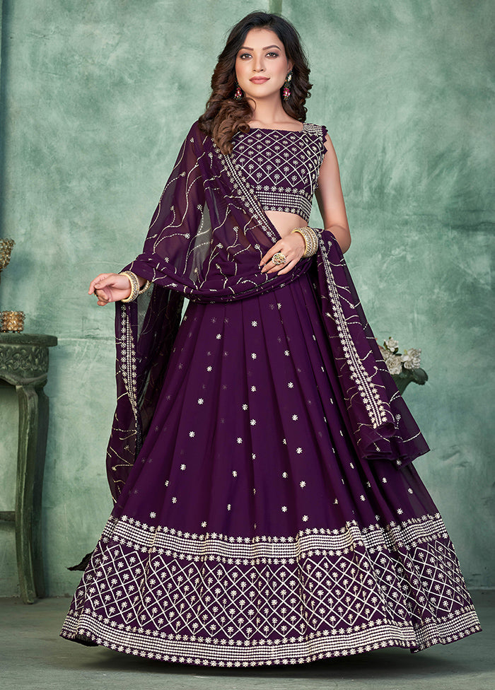 3 Pc Purple Georgette Semi Stitched Lehenga Set - Indian Silk House Agencies