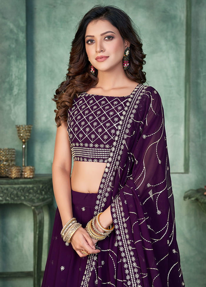 3 Pc Purple Georgette Semi Stitched Lehenga Set - Indian Silk House Agencies