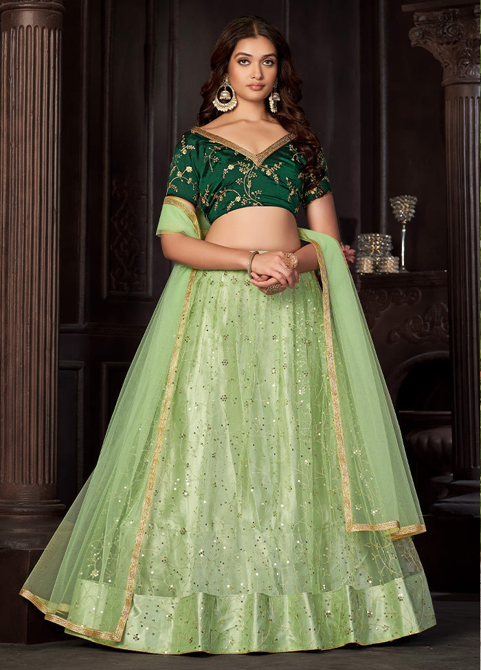 3 Pc Pista Green Net Semi Stitched Lehenga Set - Indian Silk House Agencies