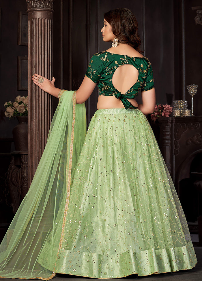 3 Pc Pista Green Net Semi Stitched Lehenga Set - Indian Silk House Agencies