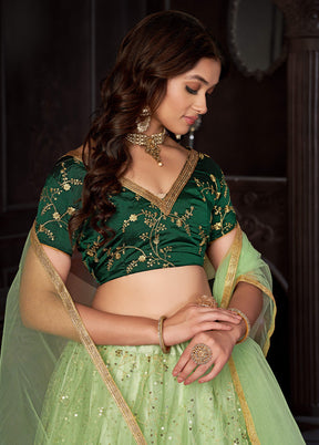 3 Pc Pista Green Net Semi Stitched Lehenga Set - Indian Silk House Agencies