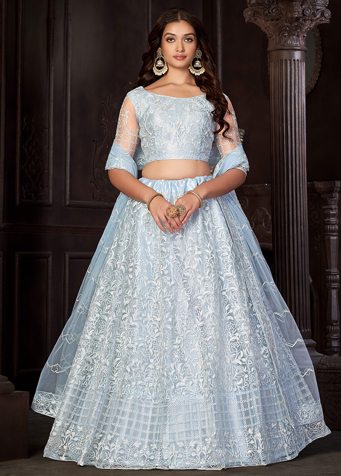 3 Pc Sky Blue Net Semi Stitched Lehenga Set - Indian Silk House Agencies