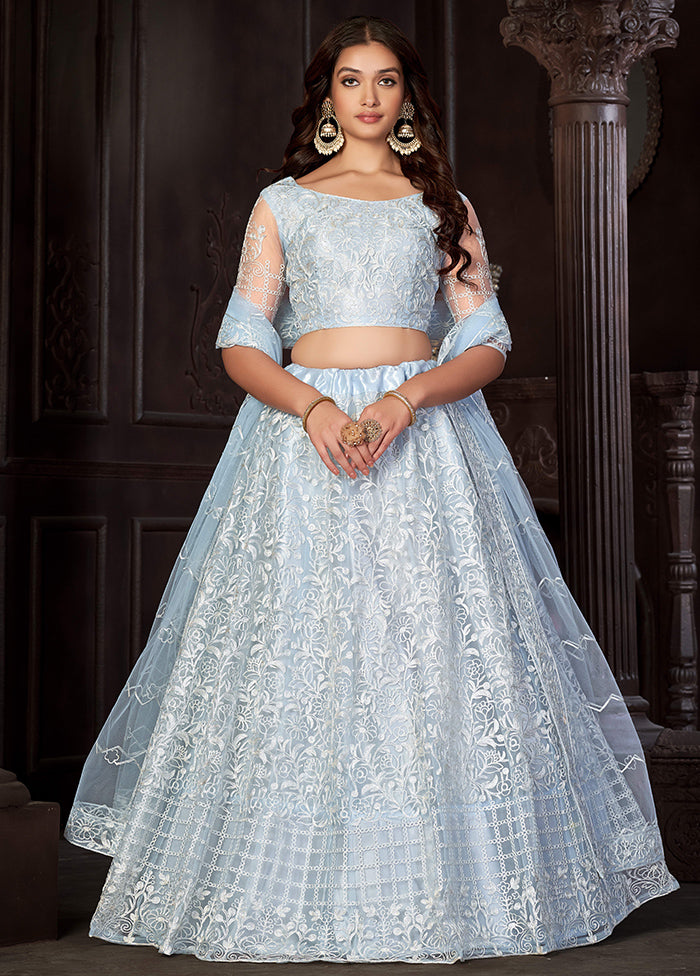 3 Pc Sky Blue Net Semi Stitched Lehenga Set - Indian Silk House Agencies