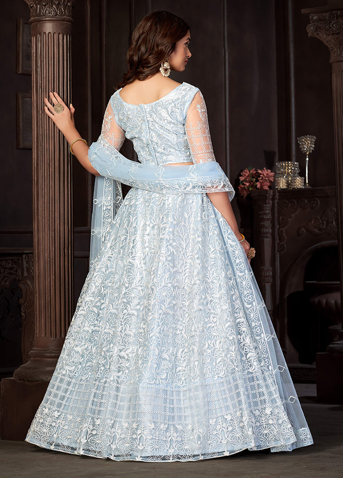 3 Pc Sky Blue Net Semi Stitched Lehenga Set - Indian Silk House Agencies