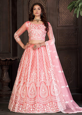 3 Pc Peach Net Semi Stitched Lehenga Set - Indian Silk House Agencies