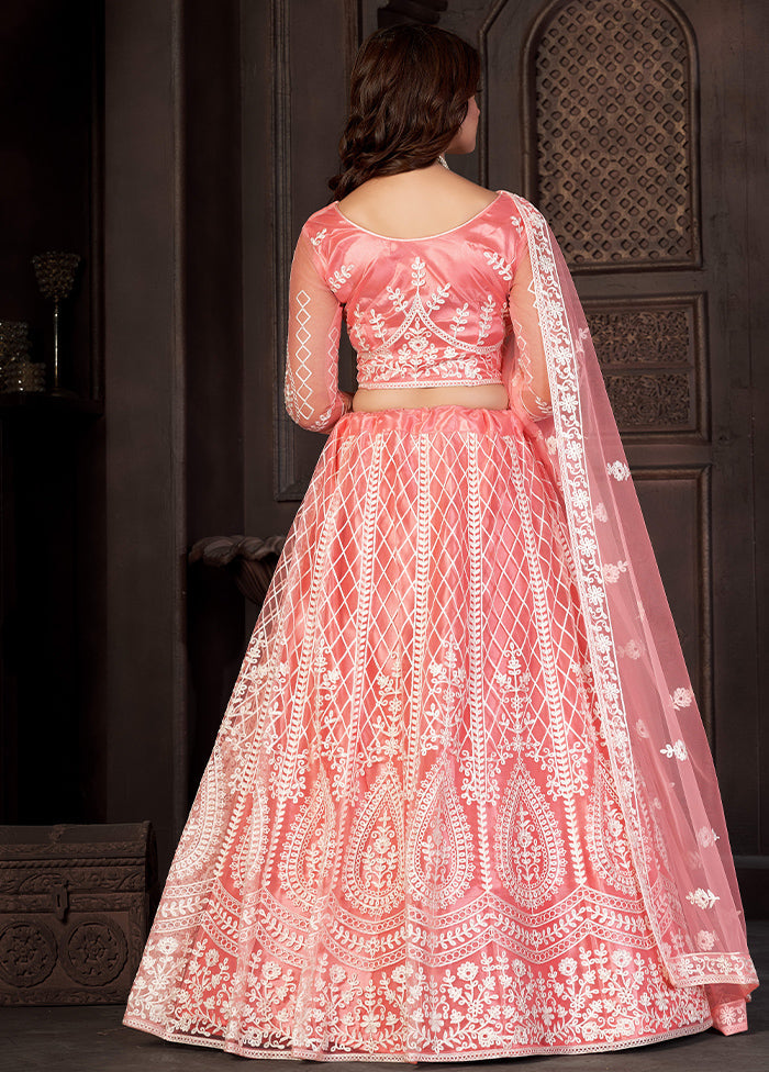 3 Pc Peach Net Semi Stitched Lehenga Set - Indian Silk House Agencies