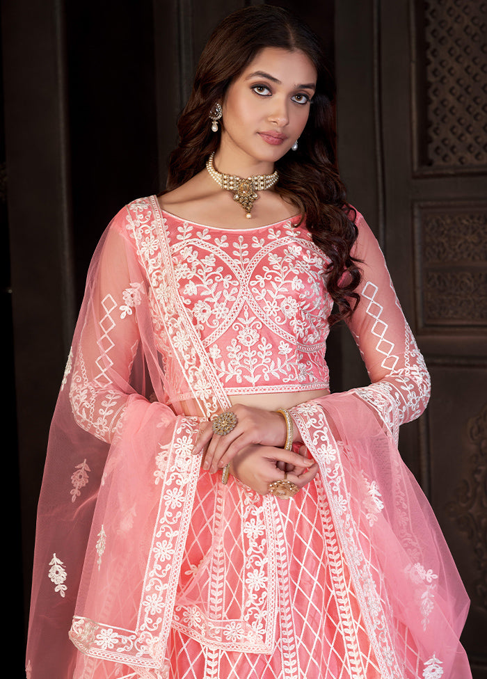 3 Pc Peach Net Semi Stitched Lehenga Set - Indian Silk House Agencies