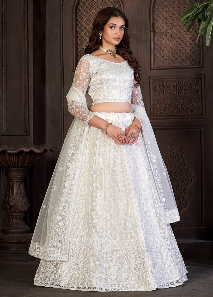 3 Pc White Net Semi Stitched Lehenga Set - Indian Silk House Agencies