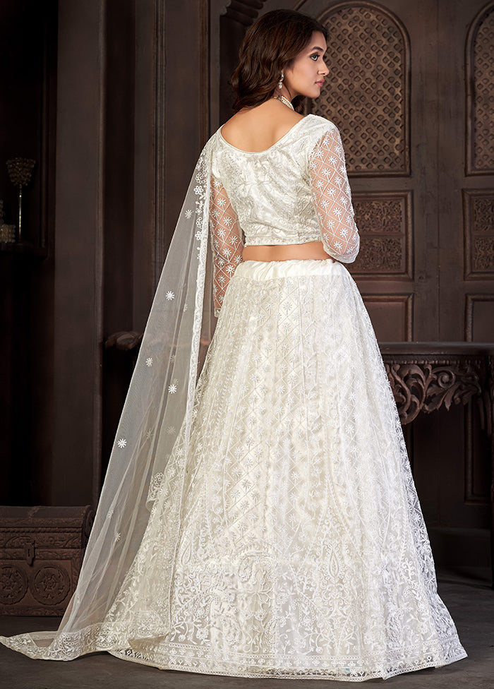 3 Pc White Net Semi Stitched Lehenga Set - Indian Silk House Agencies