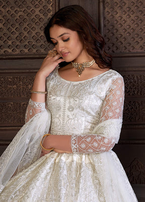 3 Pc White Net Semi Stitched Lehenga Set - Indian Silk House Agencies