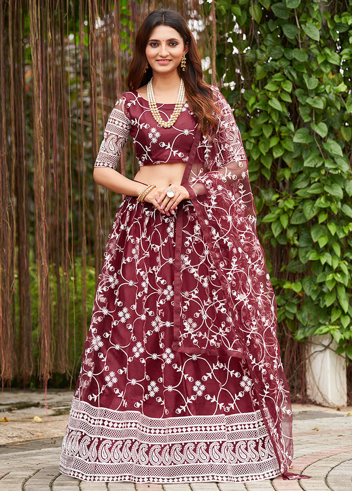 3 Pc Maroon Net Semi Stitched Lehenga Set - Indian Silk House Agencies