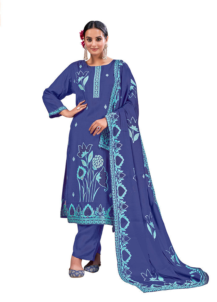 3 Pc Blue Readymade Viscose Suit Set - Indian Silk House Agencies